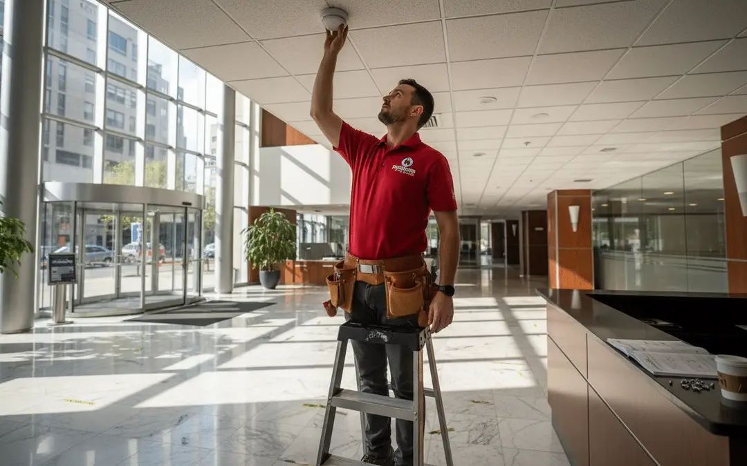 Technician on a ladder checking a ceiling sprinkler in a lobby