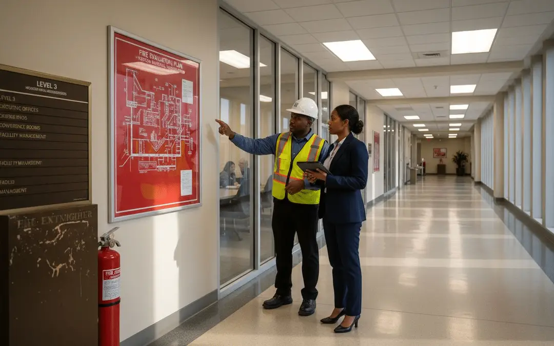 Two inspectors reviewing a fire safety plan on an office corridor wall