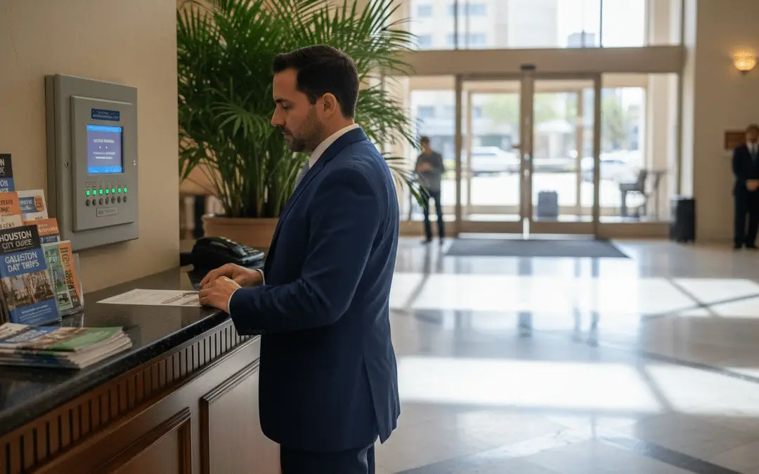Man in a suit checking a wall-mounted fire alarm screen in a hotel lobby