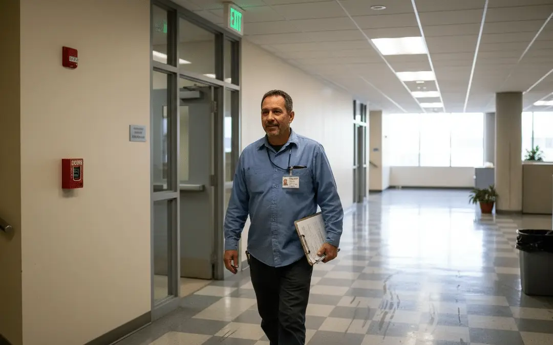 Man with a clipboard walking past a fire alarm pull station in a corridor