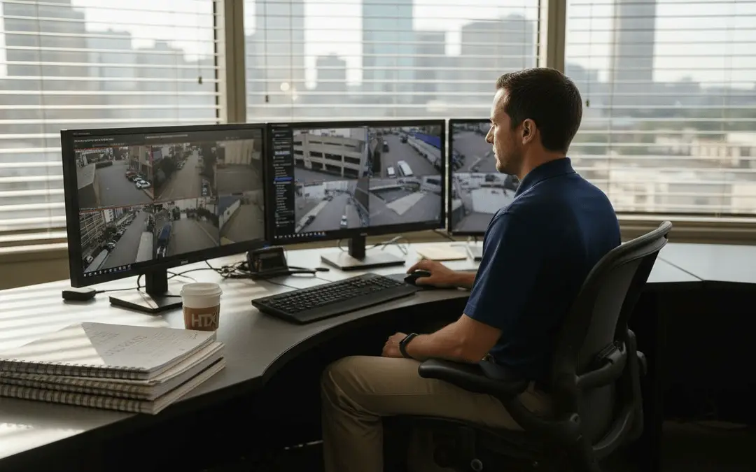 Operator watching fire alarm monitoring screens at a desk