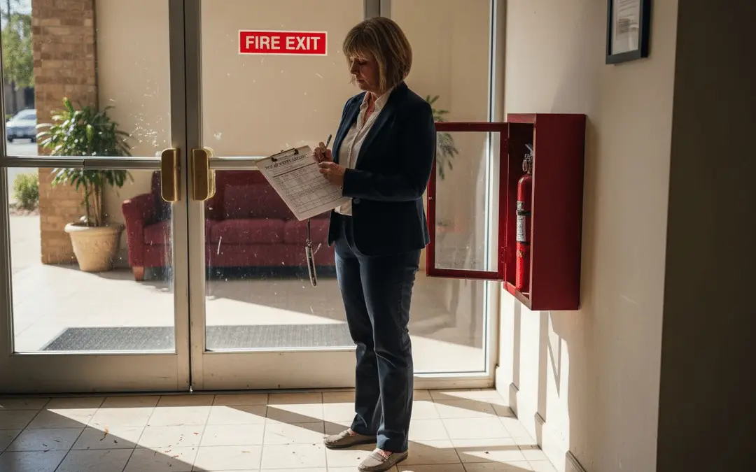 Woman with a checklist beside a fire hose cabinet near a fire exit