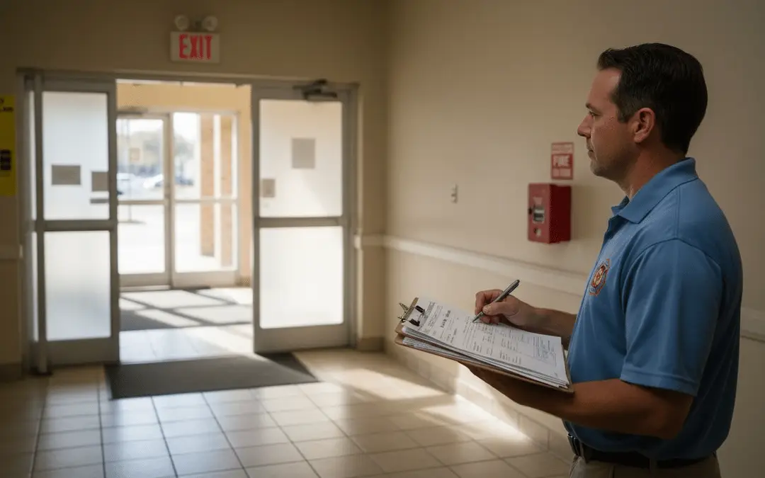 Man filling out an inspection form by an office exit door