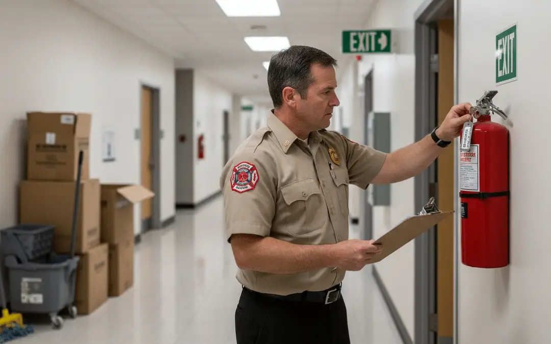 Fire inspector with a clipboard checking a wall-mounted fire extinguisher