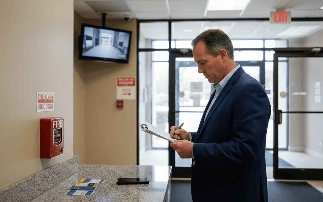 Man in a suit with a clipboard near a fire alarm pull station in a lobby