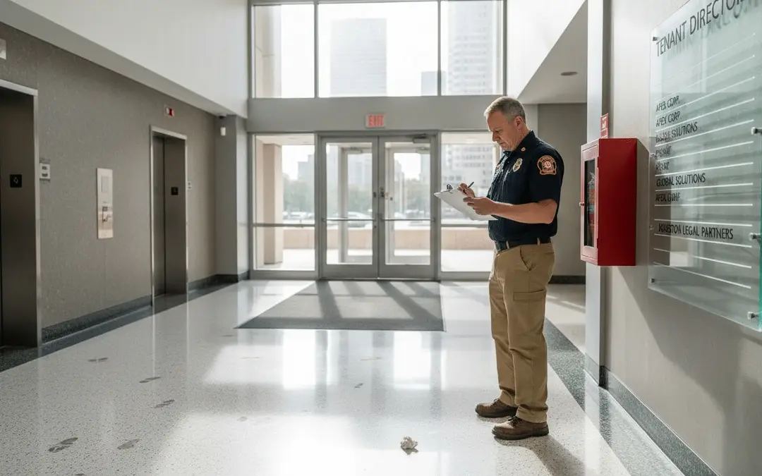 Inspector with a clipboard beside a fire extinguisher cabinet in a lobby