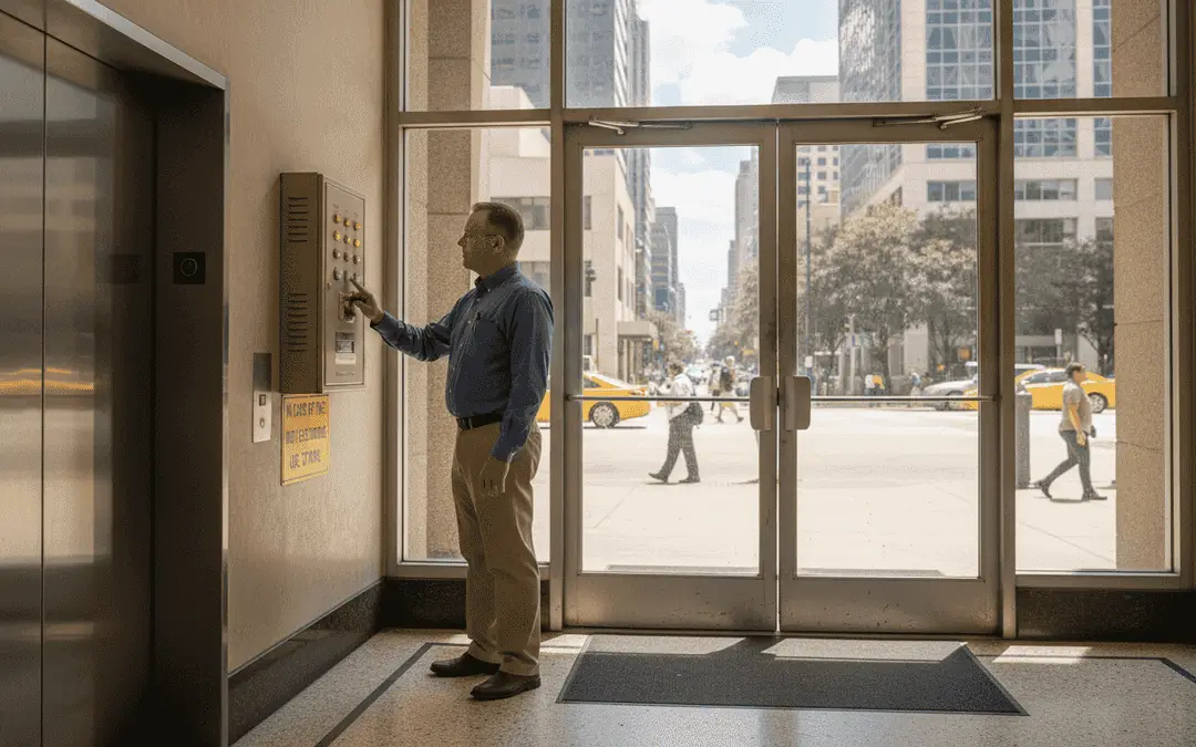 Man using a wall-mounted fire alarm keypad by a building's glass entrance