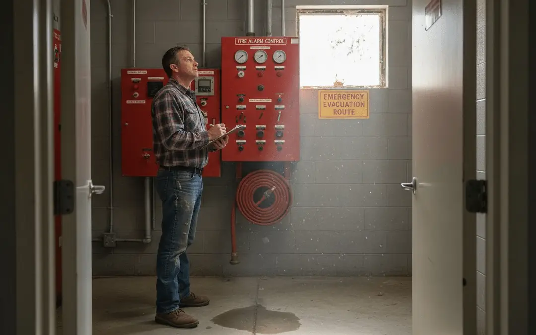 Man with a clipboard inspecting a fire sprinkler riser and alarm panel