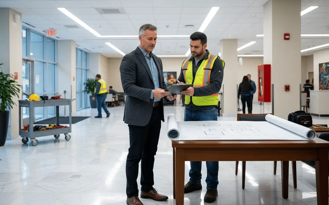 Manager and technician in a safety vest reviewing plans in an office
