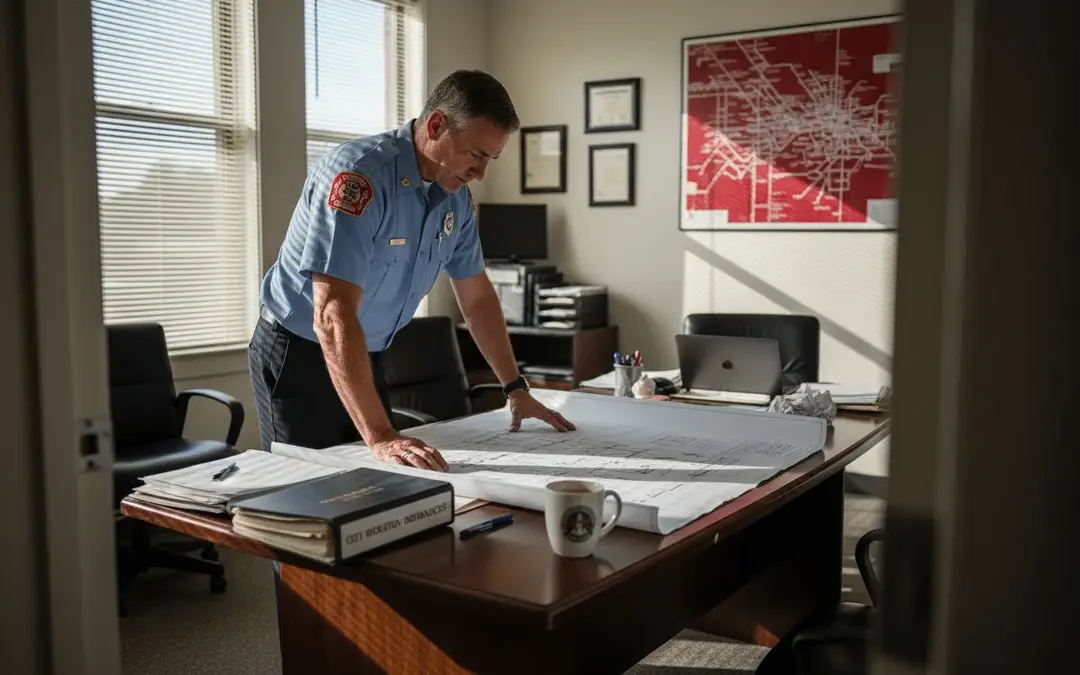 Fire captain studying building plans at an office desk