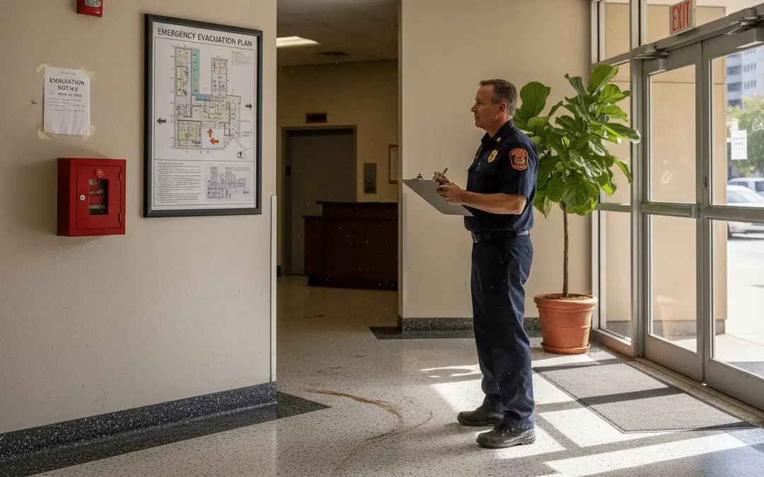 Fire inspector checking an alarm pull station and evacuation map in a lobby