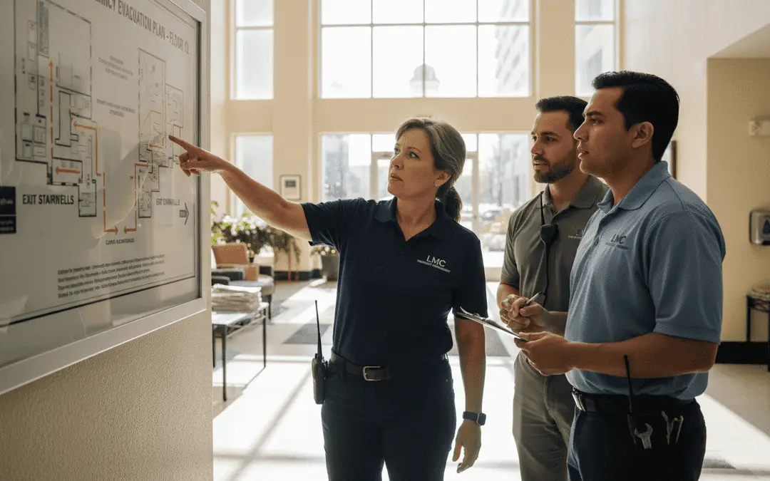 Woman pointing to an evacuation plan while briefing two colleagues