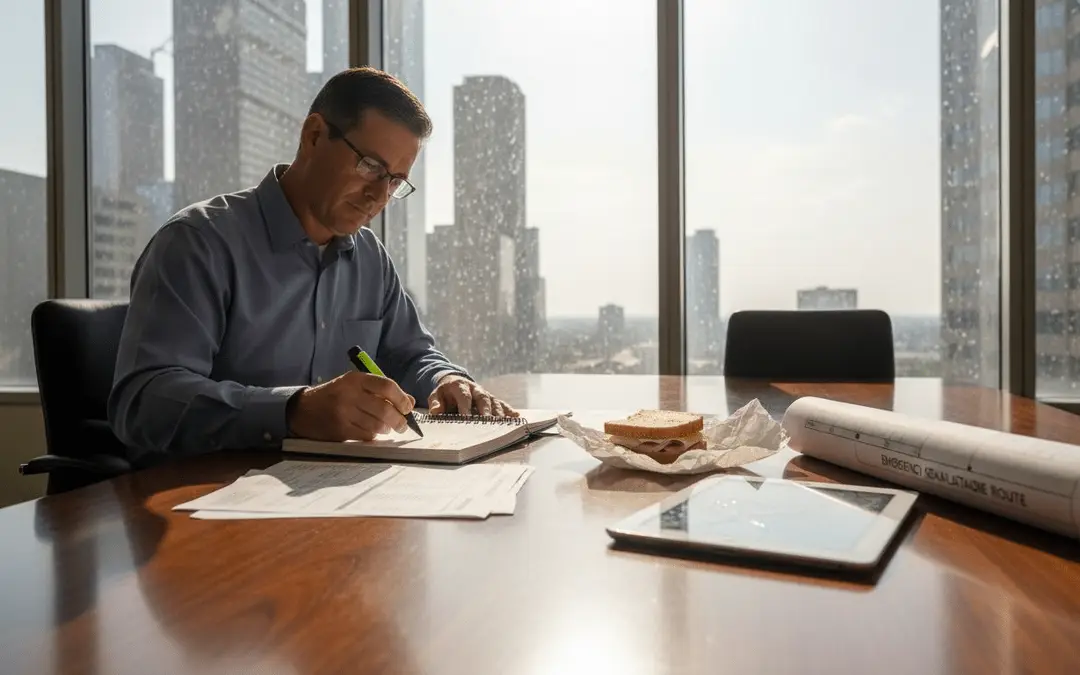 Man taking notes at a conference table in a high-rise office