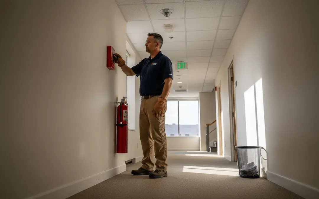 Man testing a fire alarm pull station in a hallway beside an extinguisher