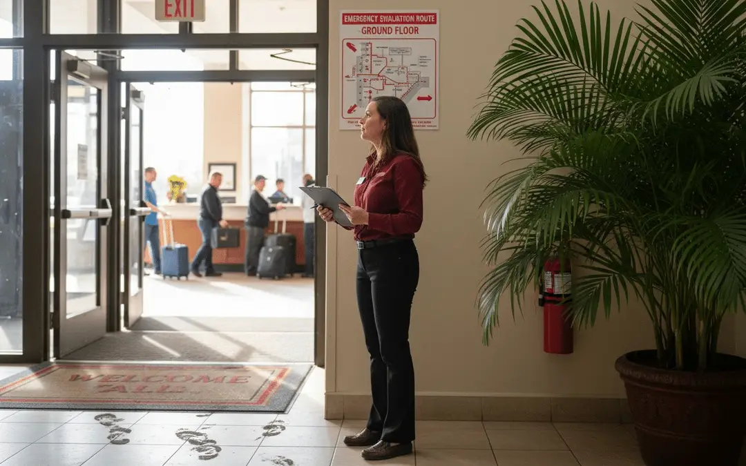 Woman reviewing an evacuation plan at a building entrance