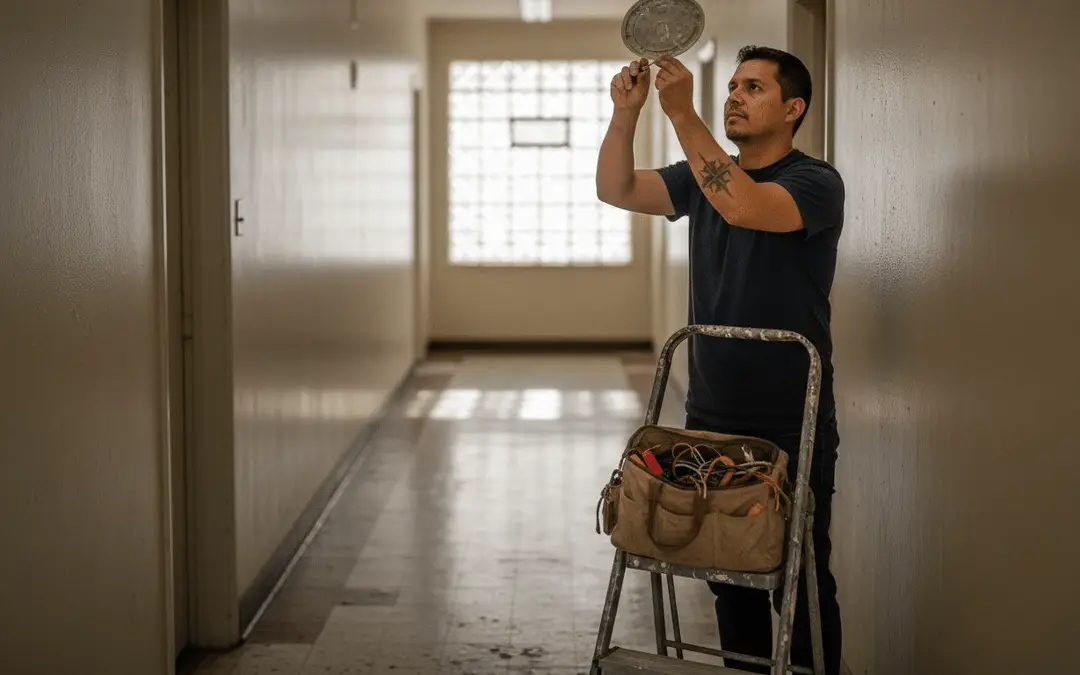 Technician testing a ceiling smoke detector from a step ladder