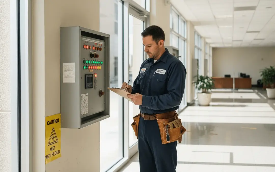 Technician checking a fire alarm control panel in an office lobby