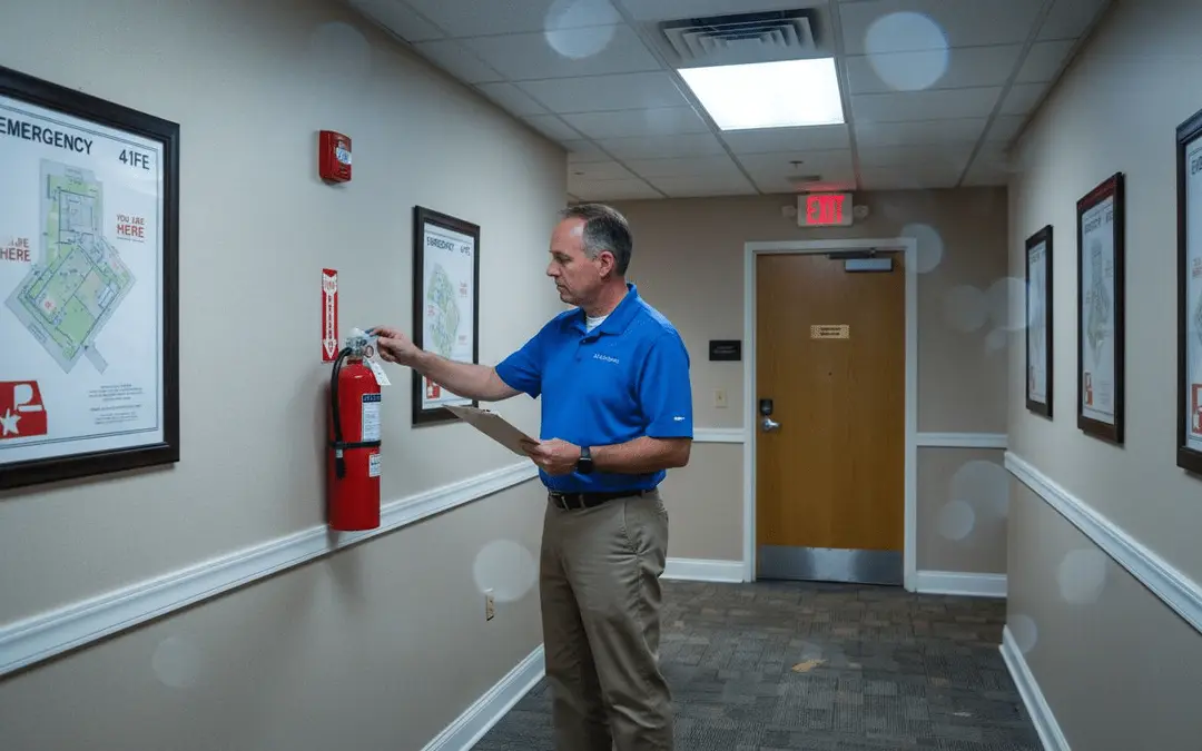 Man inspecting a fire extinguisher beside an evacuation map in a corridor