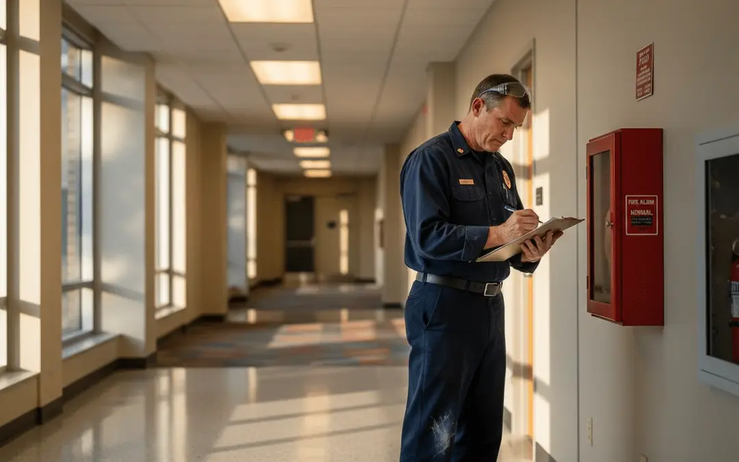 Fire inspector writing beside a fire hose cabinet in a long hallway