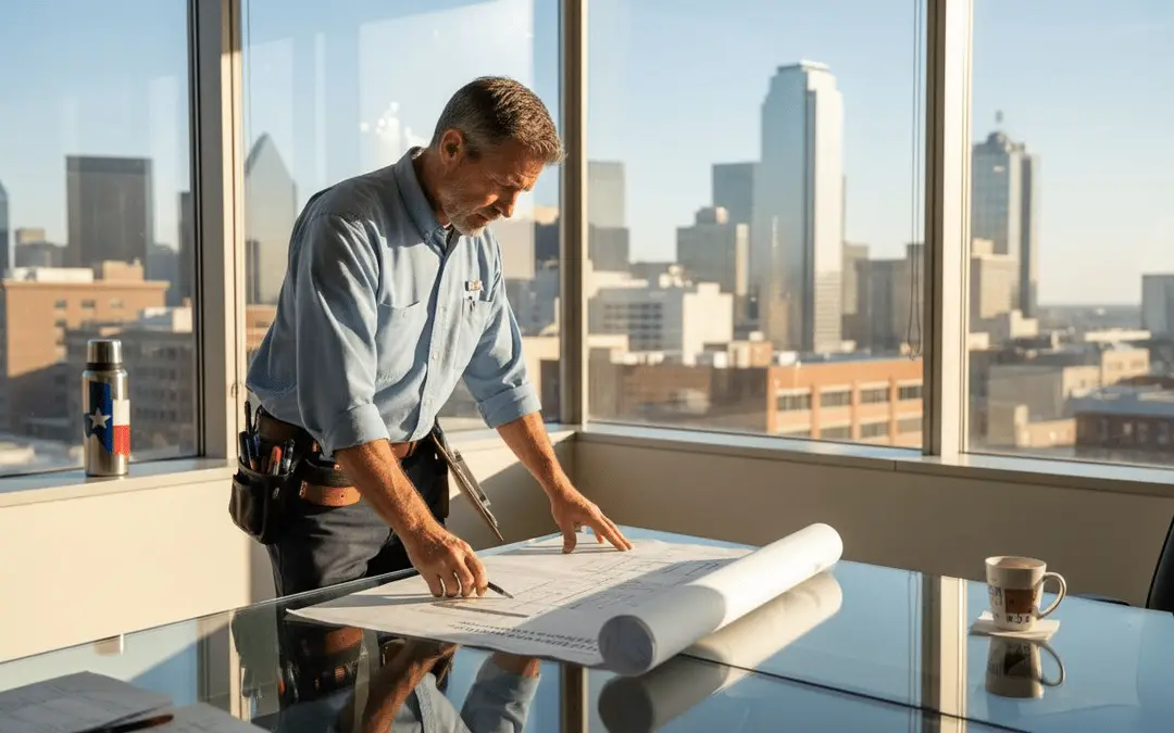 Man reviewing fire protection plans at a desk overlooking downtown Houston