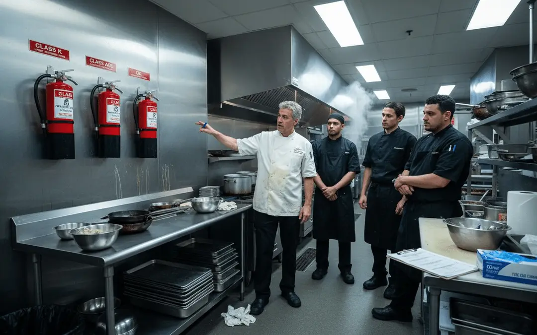 Chef pointing to wall-mounted fire extinguishers in a commercial kitchen