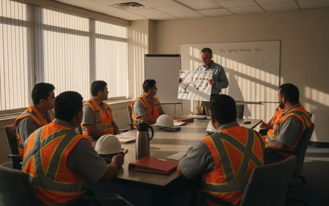 Workers in safety vests at a fire safety training meeting
