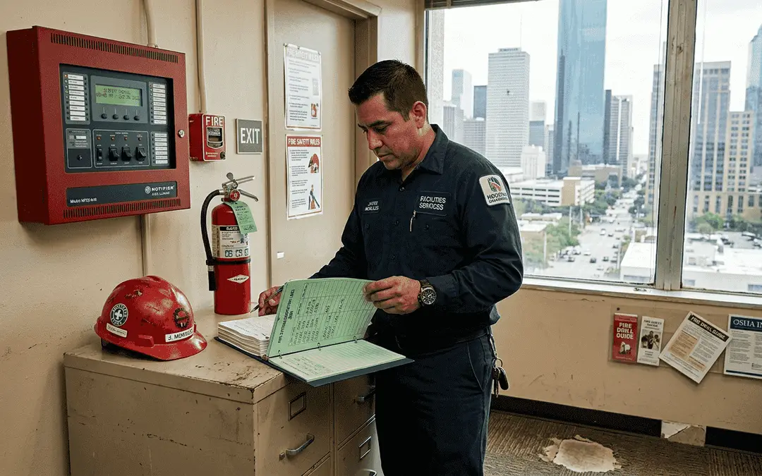 Fire official reviewing paperwork beside a fire alarm panel and extinguisher