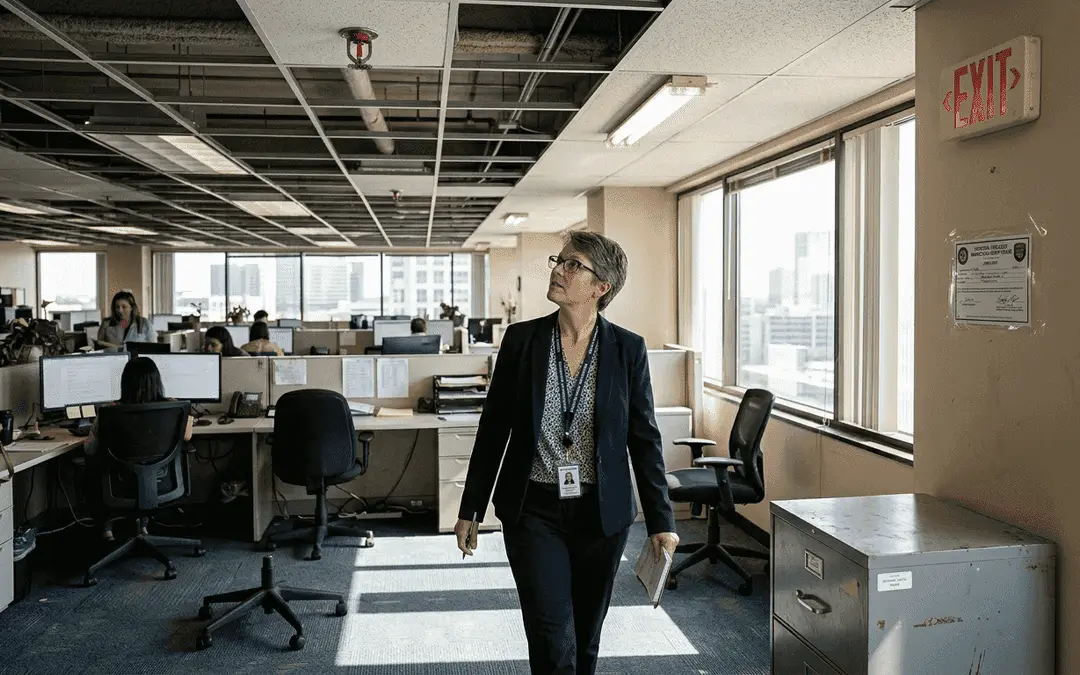 Woman walking through an office past a ceiling sprinkler system