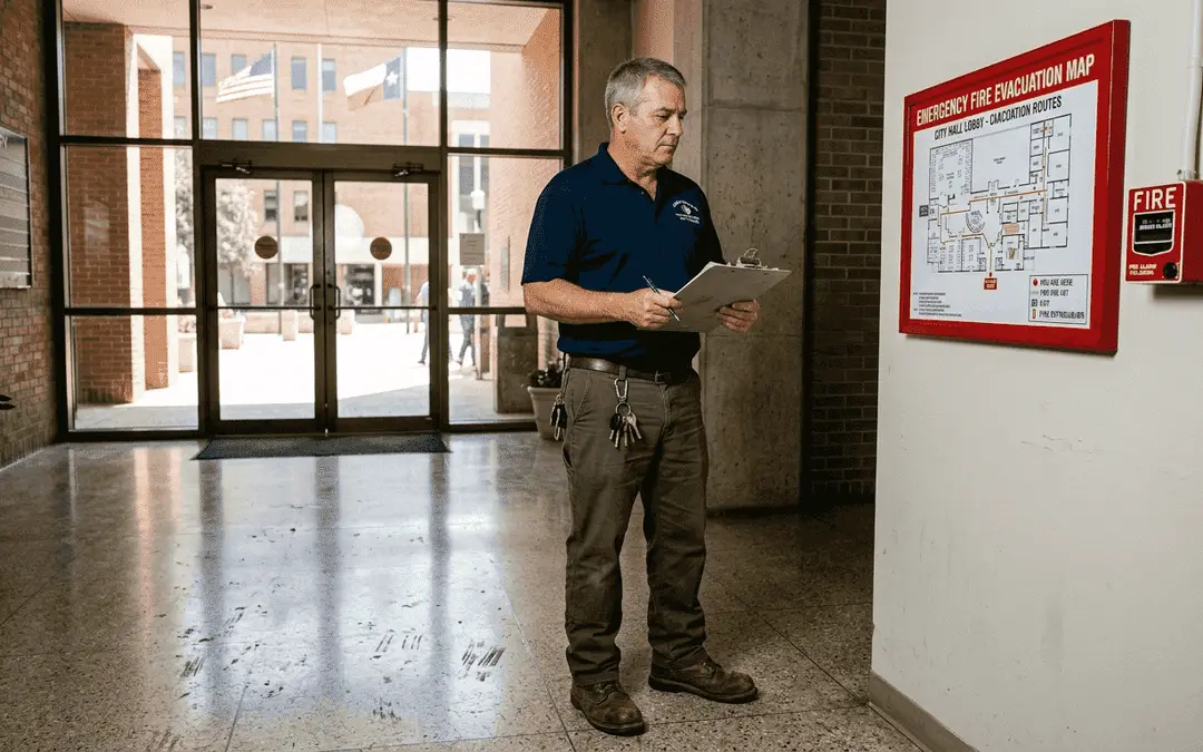 Man with a clipboard in front of an emergency evacuation map in a lobby