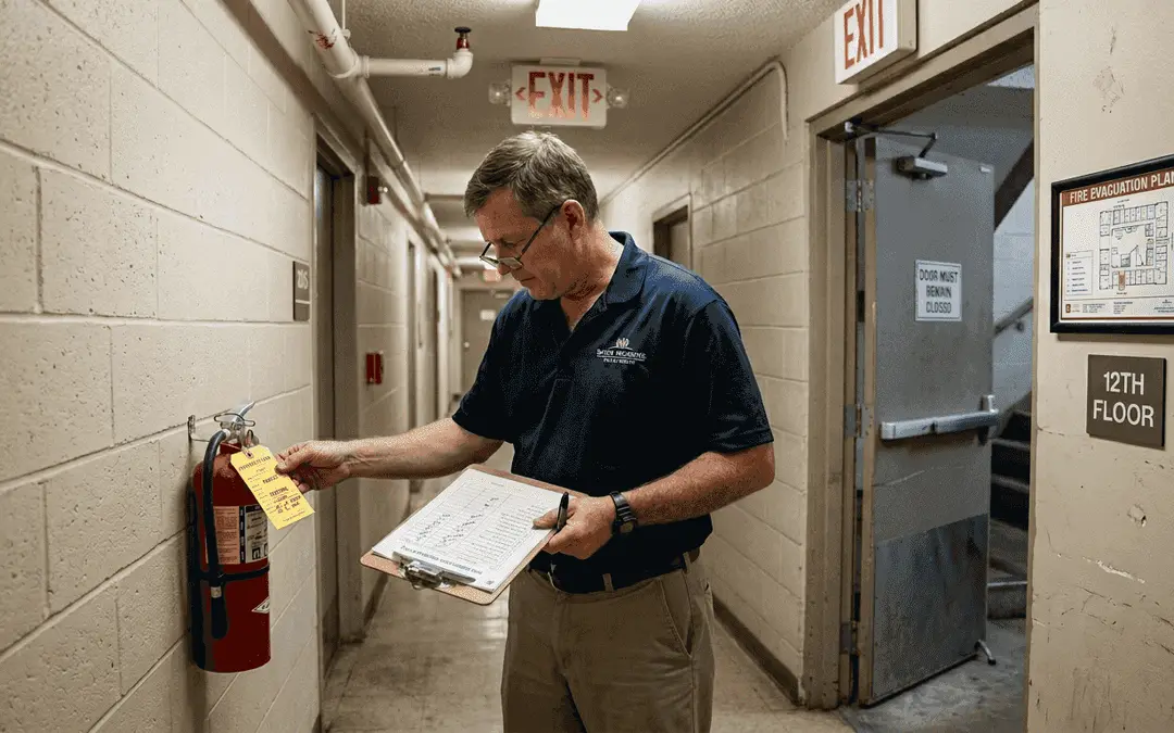 Inspector checking a fire extinguisher tag in a stairwell hallway