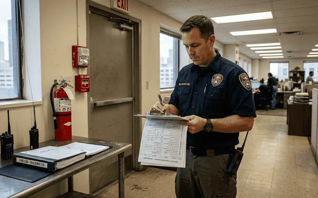 Fire inspector with a checklist beside fire extinguishers in an office