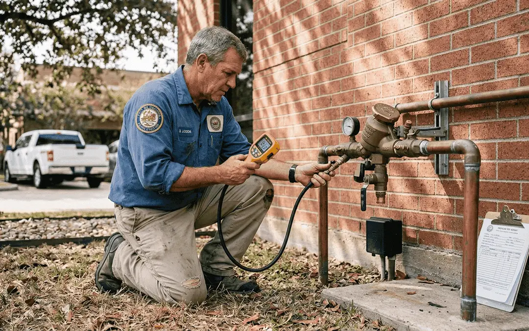Technician testing a backflow preventer outside a brick building