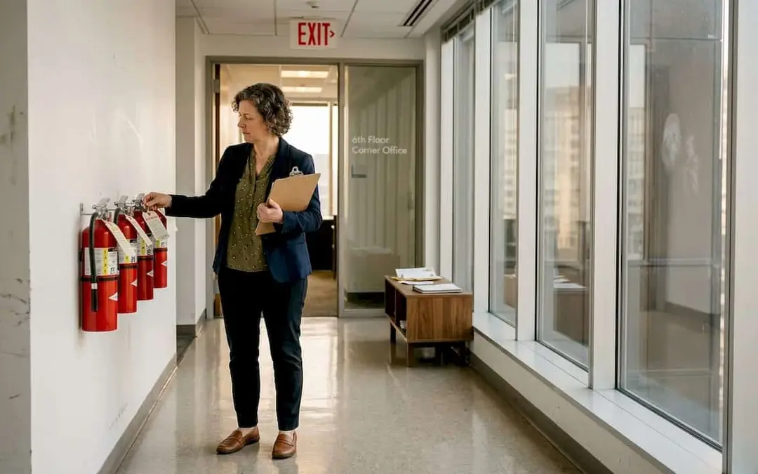 Woman checking a row of fire extinguishers in an office hallway