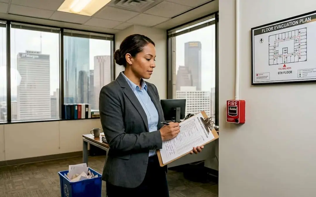 Woman with a clipboard near a fire alarm pull station in a high-rise office