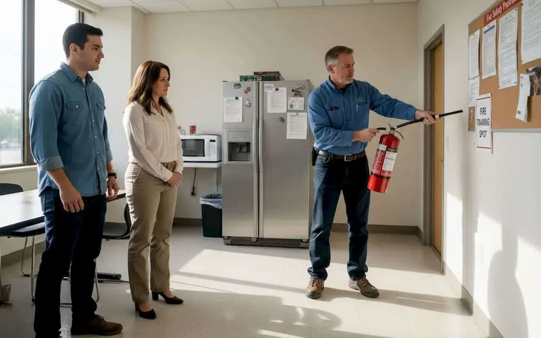 Man demonstrating a fire extinguisher to two coworkers in a break room