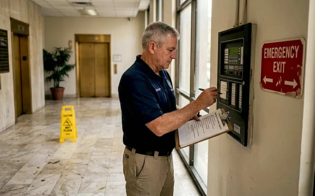 Man checking a fire alarm panel beside an emergency exit sign