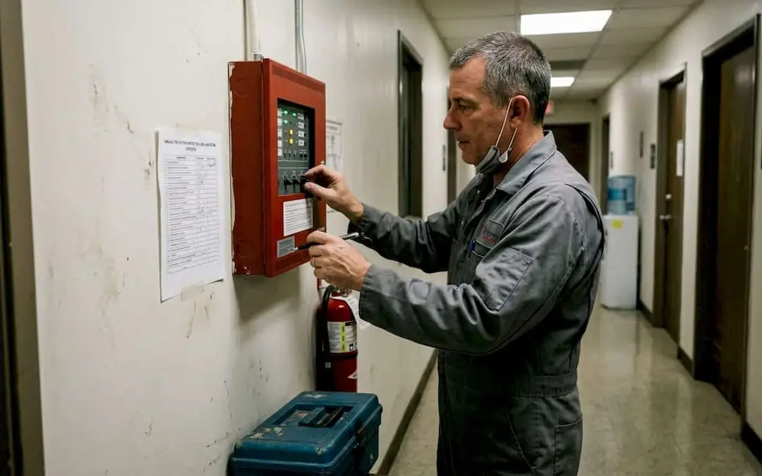 Man inspecting a fire alarm panel and extinguisher in a hallway