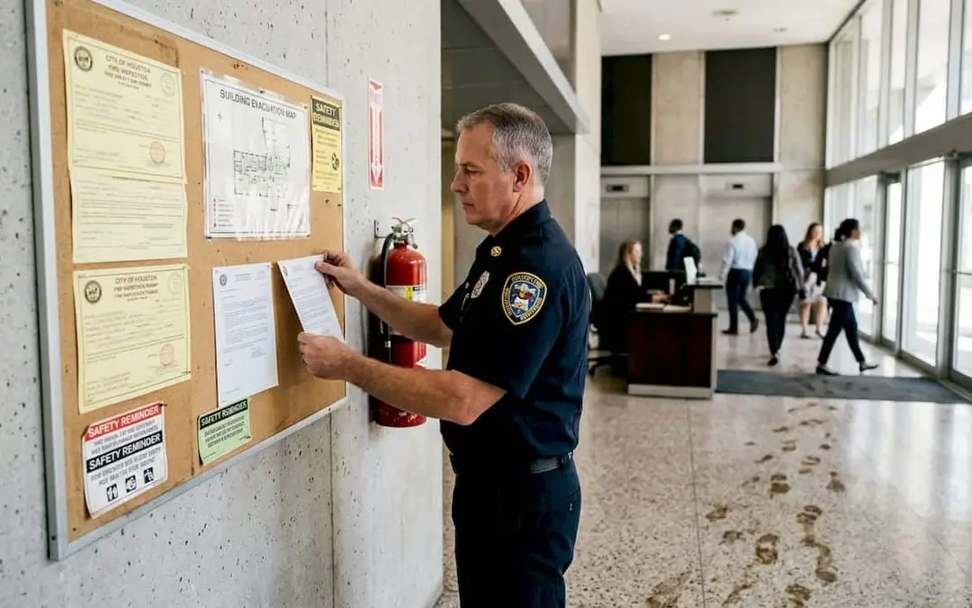 Fire official posting a permit on a lobby notice board