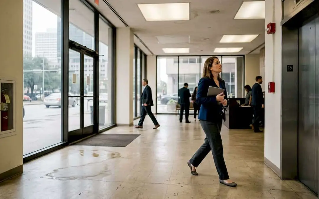 Woman walking through a lobby past fire alarm equipment