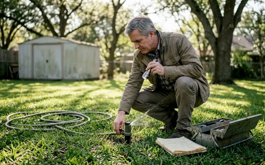Man inspecting a sprinkler head in a backyard lawn