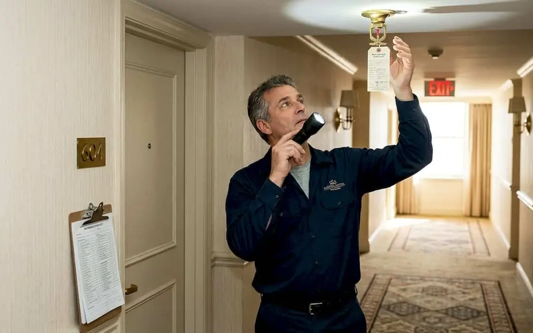 Technician checking a ceiling sprinkler head in a hotel corridor