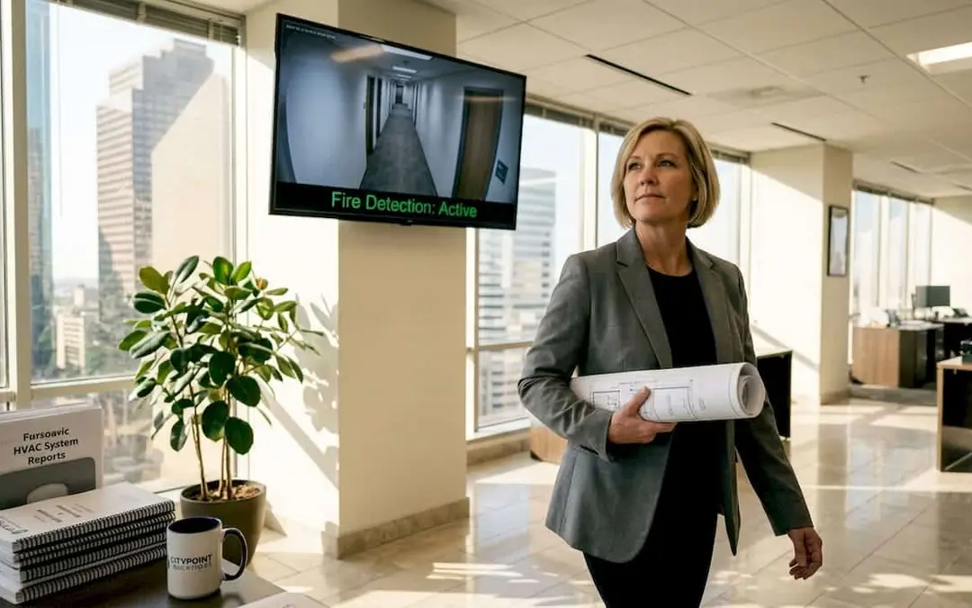 Woman holding plans beneath a fire detection monitor in an office