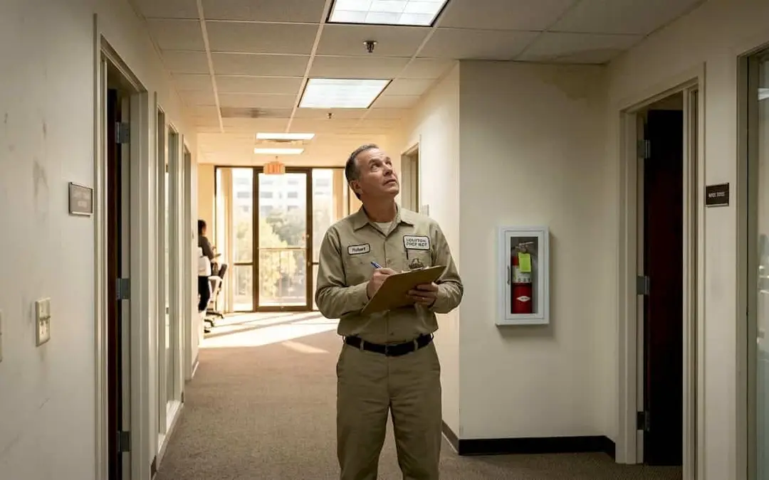 Man with a clipboard looking up at sprinklers in an office corridor