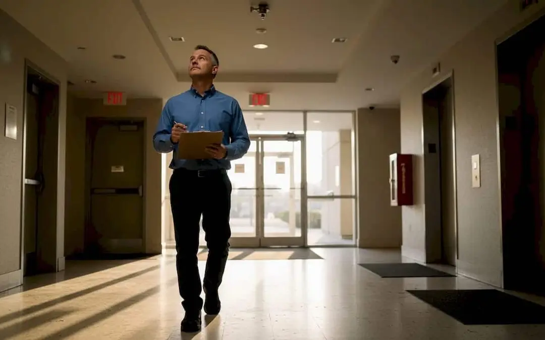 Man with a clipboard walking a hallway checking fire safety equipment