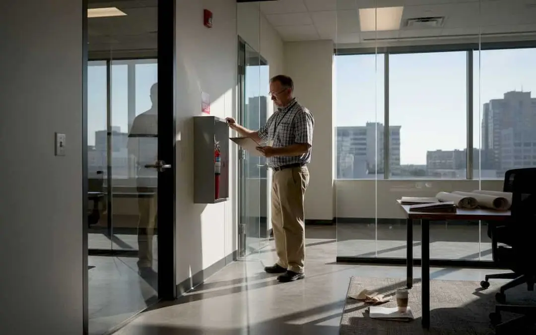 Man inspecting a fire alarm panel in an office with city views