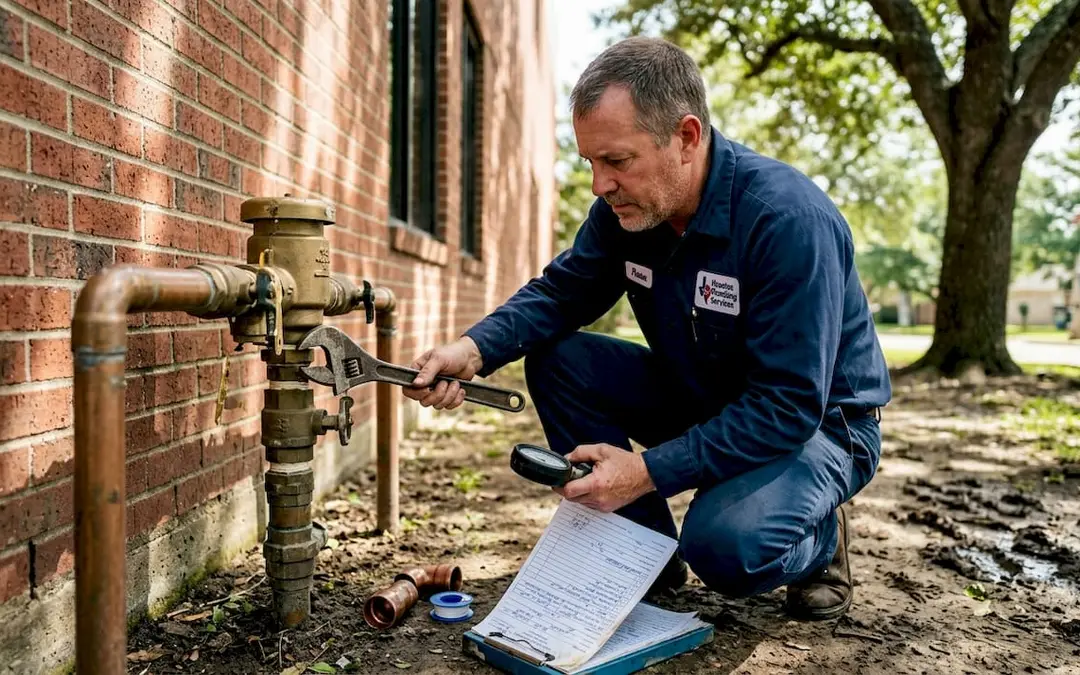 Technician testing a backflow device beside a brick building