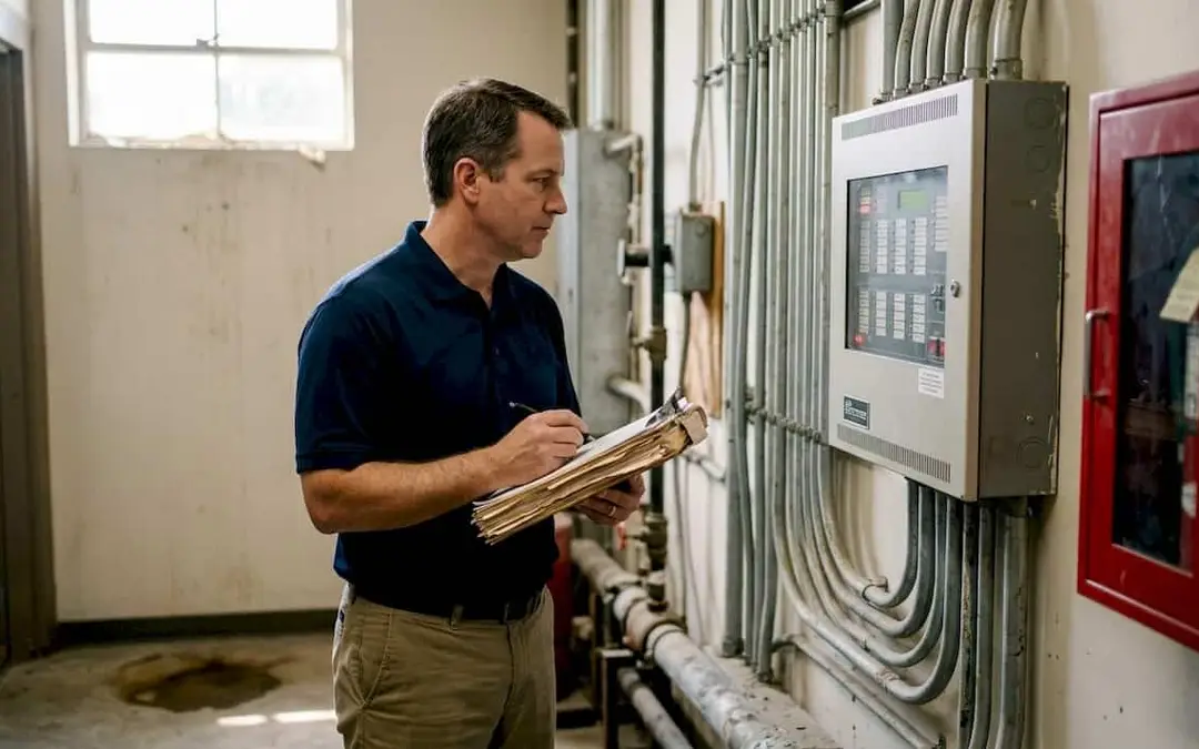 Man with a clipboard checking a fire system panel in a utility room