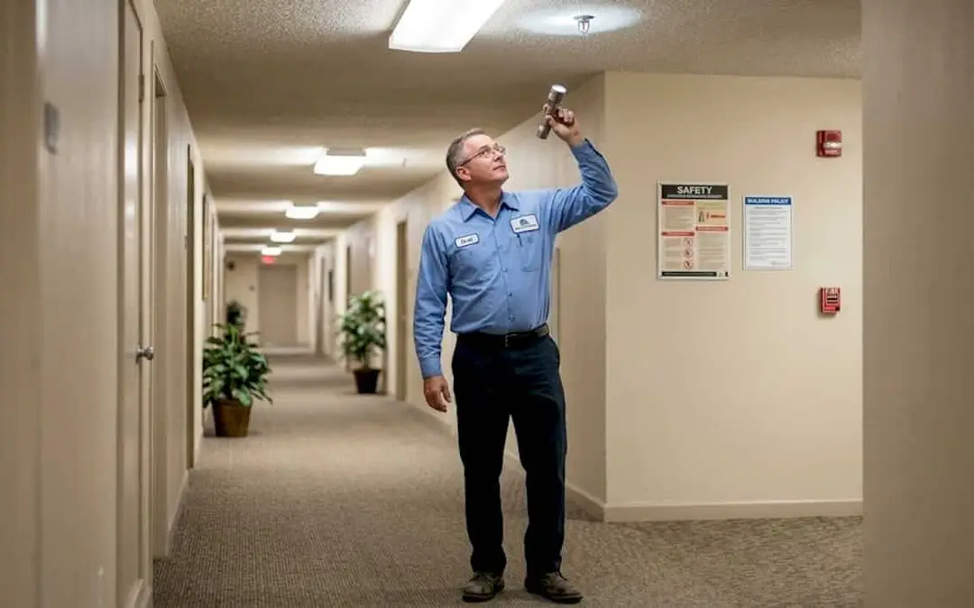 Man inspecting a ceiling sprinkler in an apartment hallway