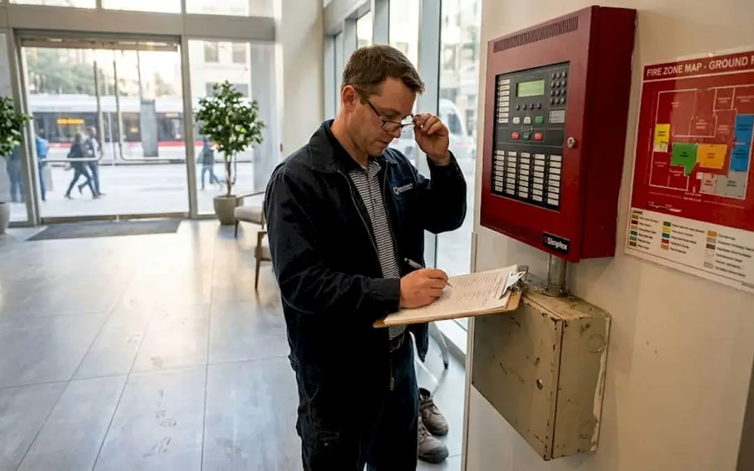 Man with a clipboard checking a red fire alarm panel in a lobby