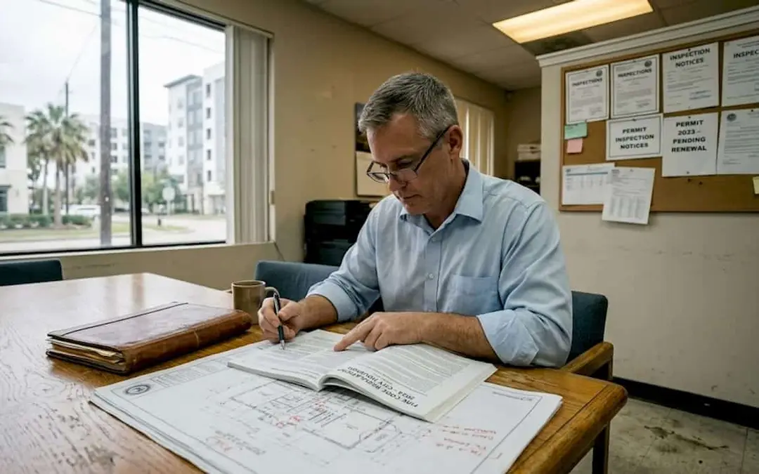 Man reviewing a fire code manual at a desk